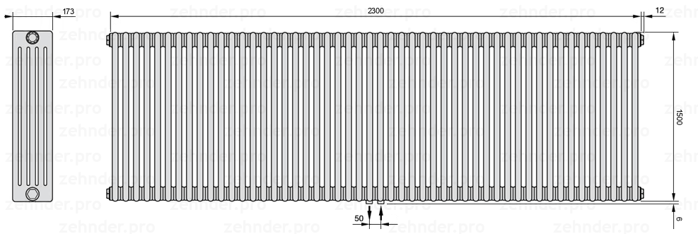 Схема (чертеж) Радиатор Zehnder Charleston 5150/50 №5410 Белый глянцевый RAL 9016